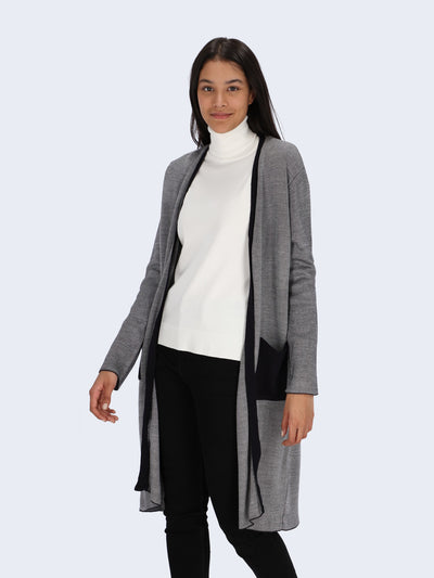 Long Knit Cardigan with Contrasting Trims and Pocket