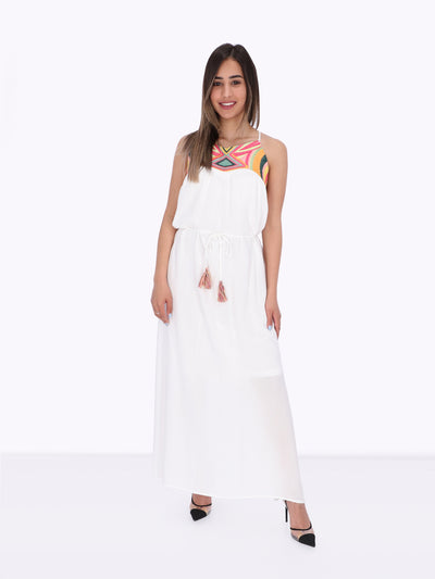 Embroidered Neckline Blouson Dress