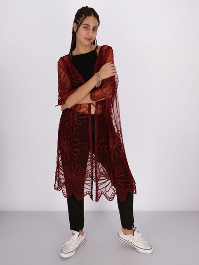 OR Jackets & Cardigans Maroon / Os Sheer Guipure Lace Kimono