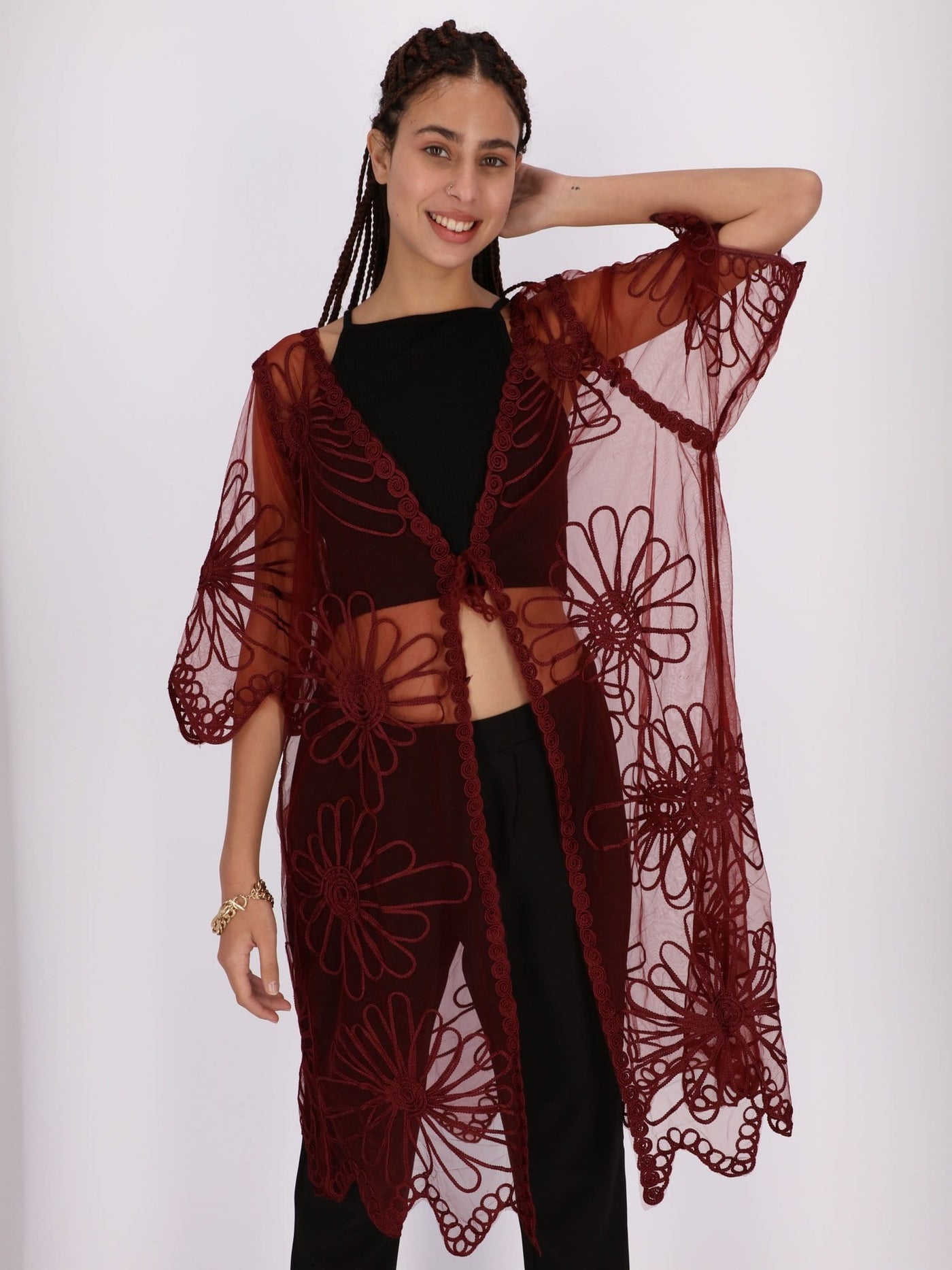 OR Jackets & Cardigans Maroon / Os Sheer Guipure Lace Kimono