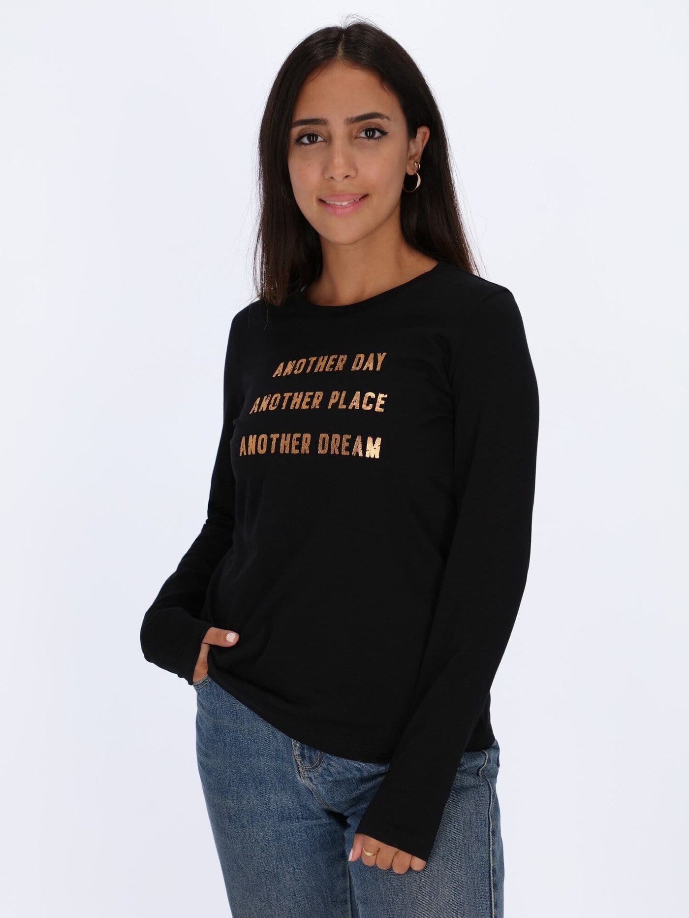 OR Tops & Blouses Black / XL Front Text Print Long Sleeve Top