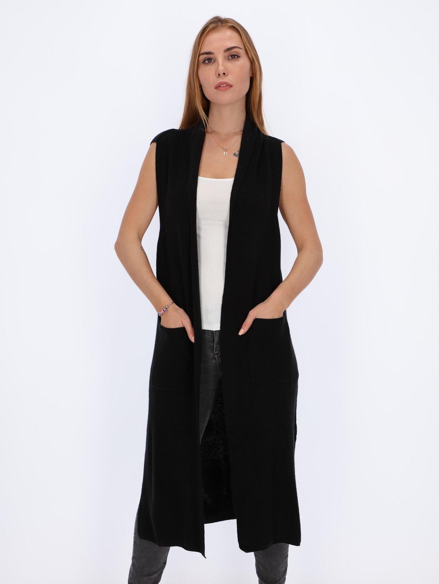 Full Length Sleeveless Open Cardigan