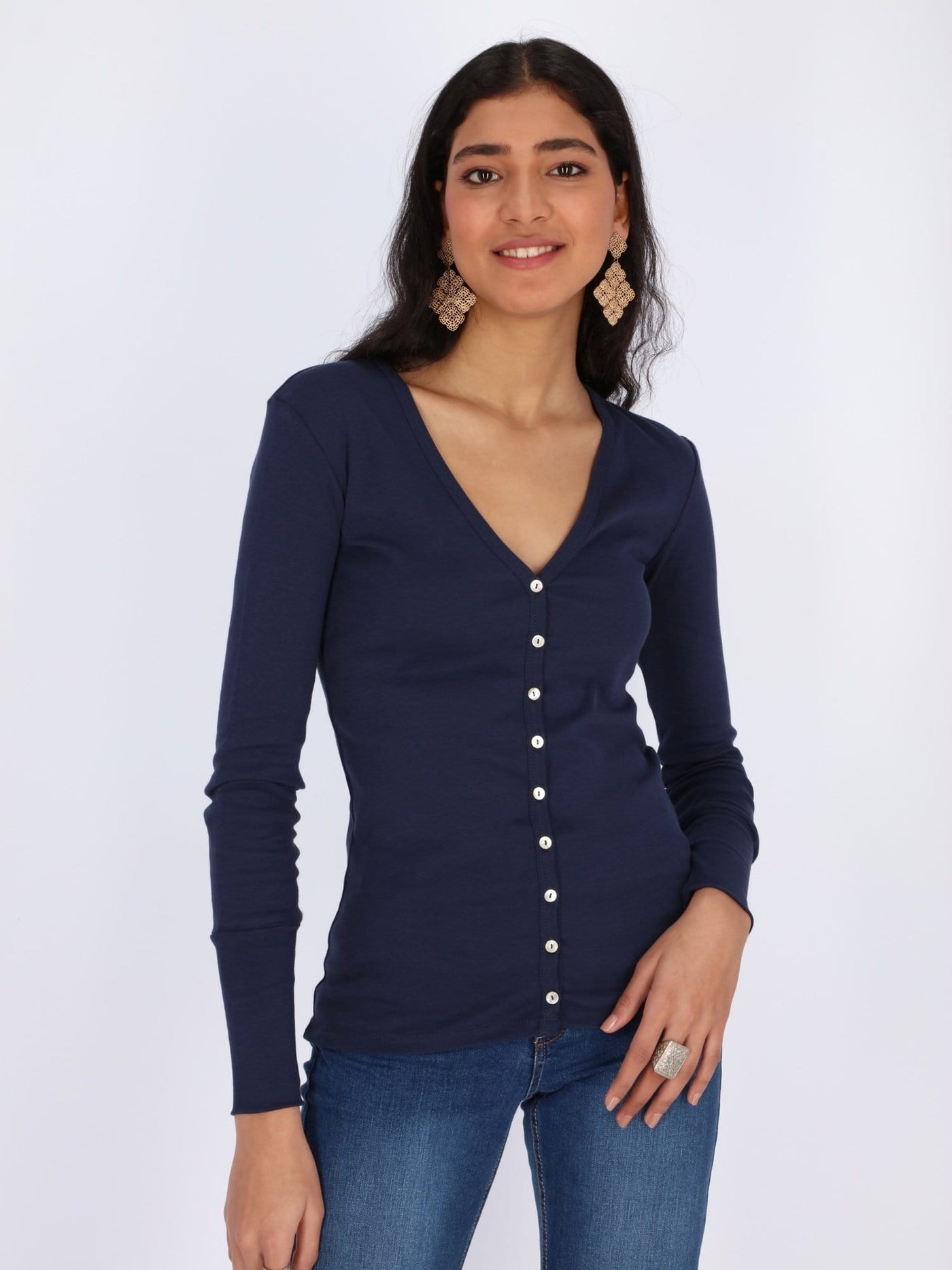 OR Jackets & Cardigans D.NAVY / L Basic Buttoned Jumper with V Neck