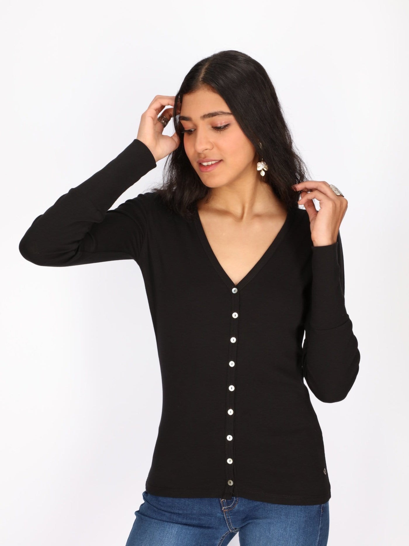 OR Jackets & Cardigans BLACK / L Basic Buttoned Jumper with V Neck