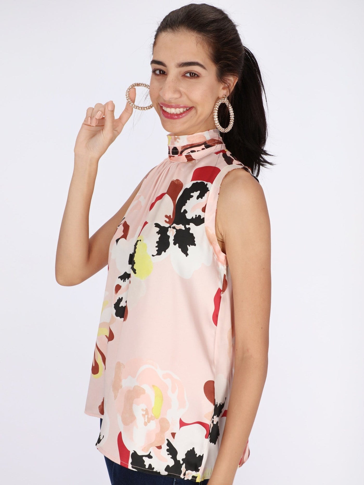 OR Tops & Blouses Floral Satin Sleeveless Blouse with High Neck