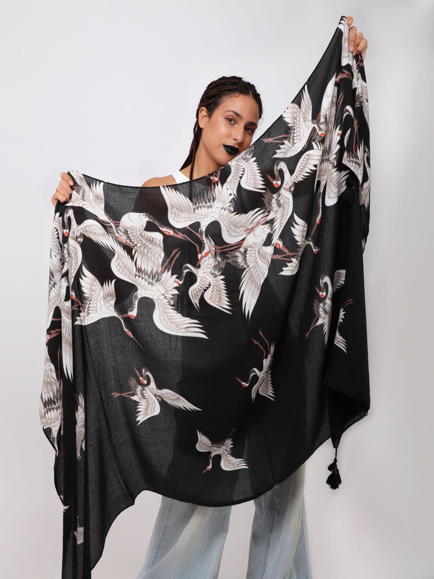 OR Hats & Scarves BLACK / Os Rectangular Scarf with Stork Print