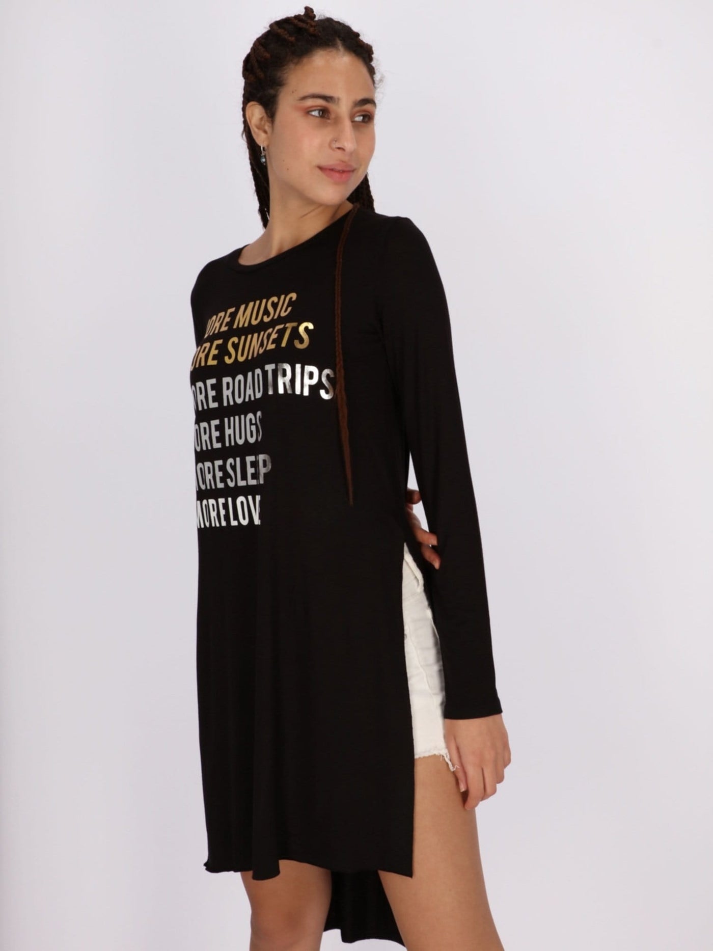 OR Tops & Blouses BLACK / S Front Text Print Asymmetric Hem Long Sleeve Top