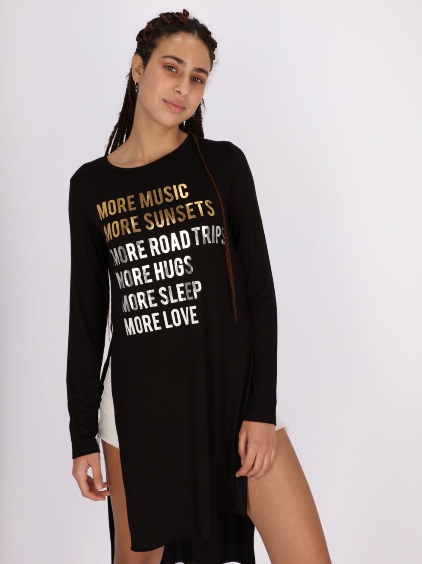 OR Tops & Blouses BLACK / S Front Text Print Asymmetric Hem Long Sleeve Top