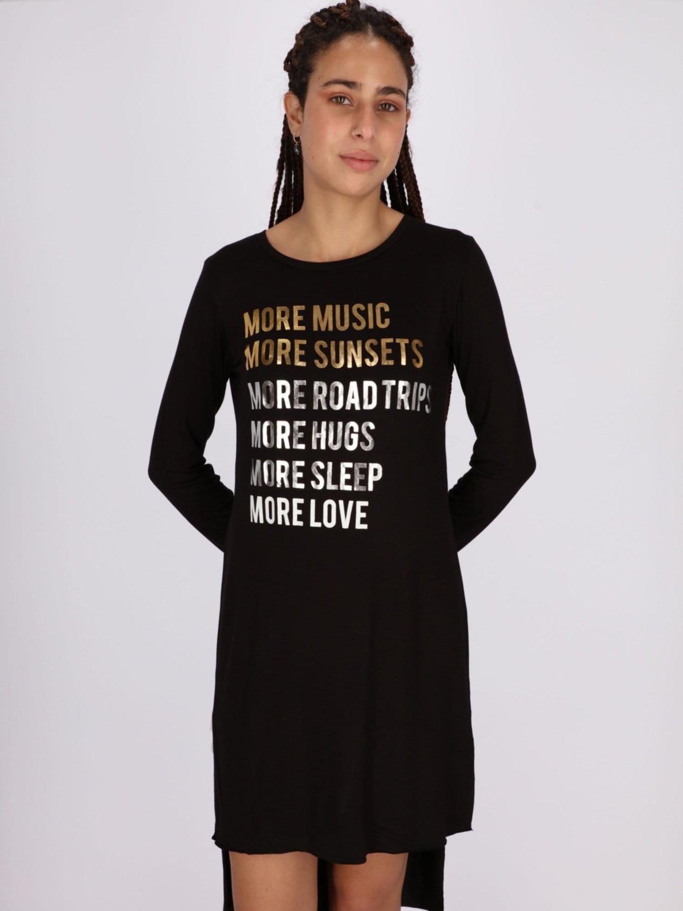 OR Tops & Blouses BLACK / S Front Text Print Asymmetric Hem Long Sleeve Top