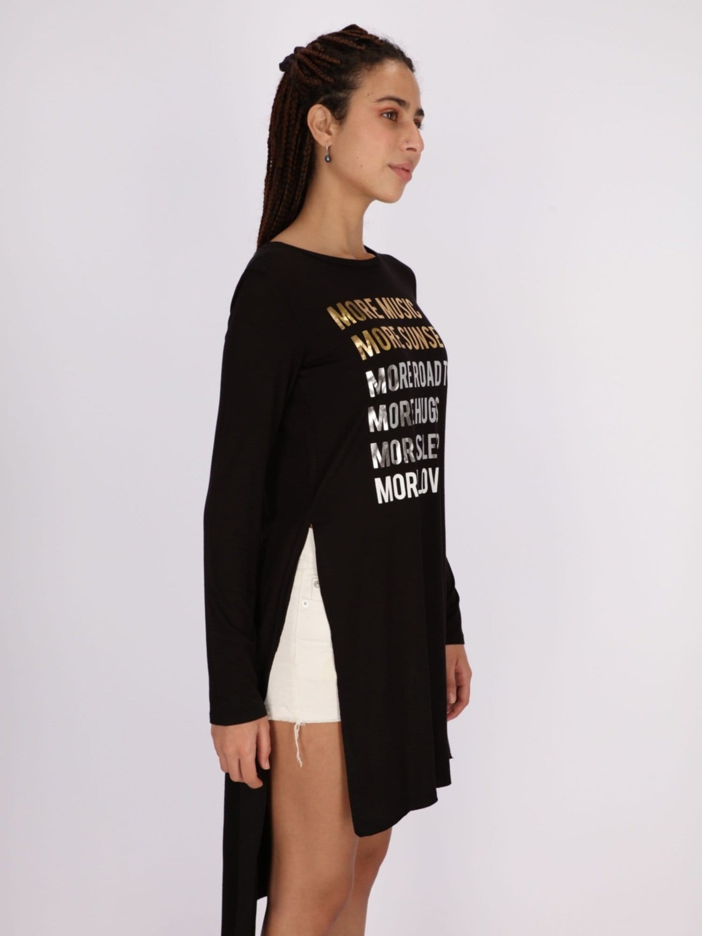 OR Tops & Blouses BLACK / S Front Text Print Asymmetric Hem Long Sleeve Top