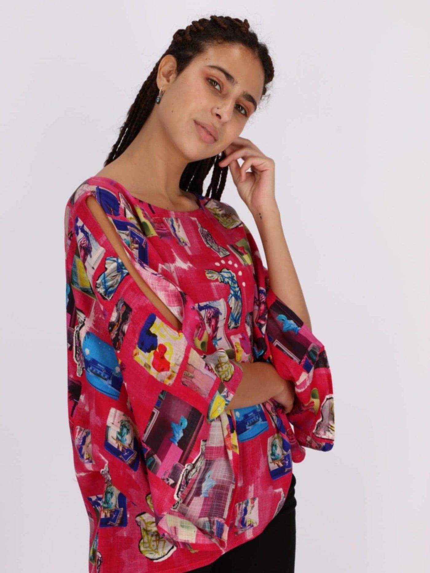 OR Tops & Blouses Neon Fuchsia / S All Over Printed Kimono Sleeve Blouse