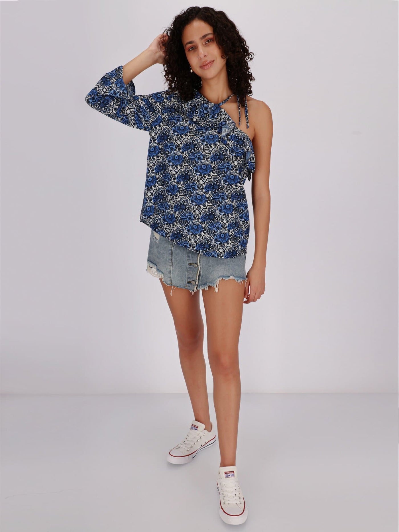 OR Tops & Blouses All Over Print Asymmetric Hem Sleeveless Blouse with Cut Out Shoulders