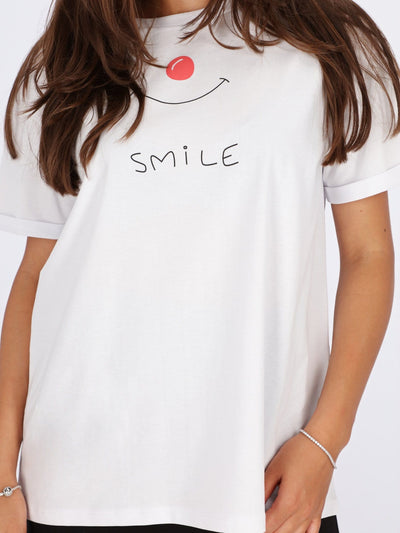 OR Tops & Blouses WHITE / L Smile Printed Loose Fit Short Sleeve T-shirt