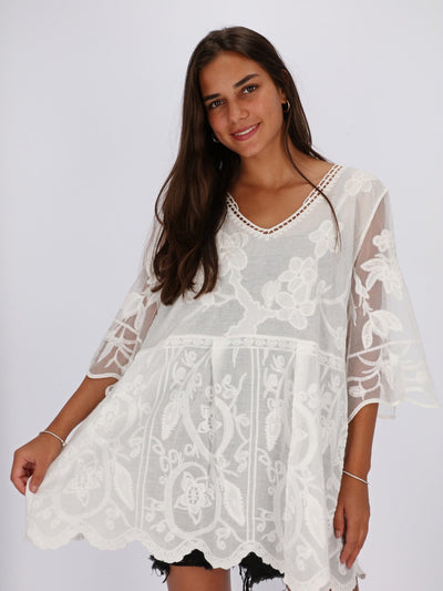 OR Tops & Blouses White / Os Oversized Kimono Sleeve Guipure Blouse