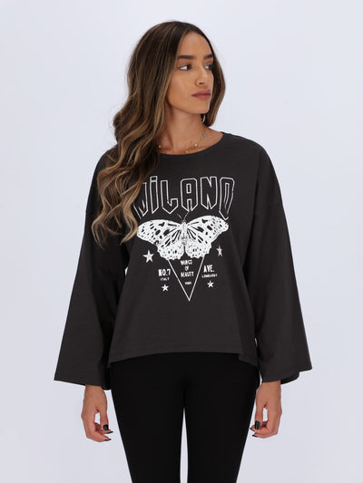 OR Tops & Blouses PIRATE BLACK / M Dropped shoulder Front Printed Top