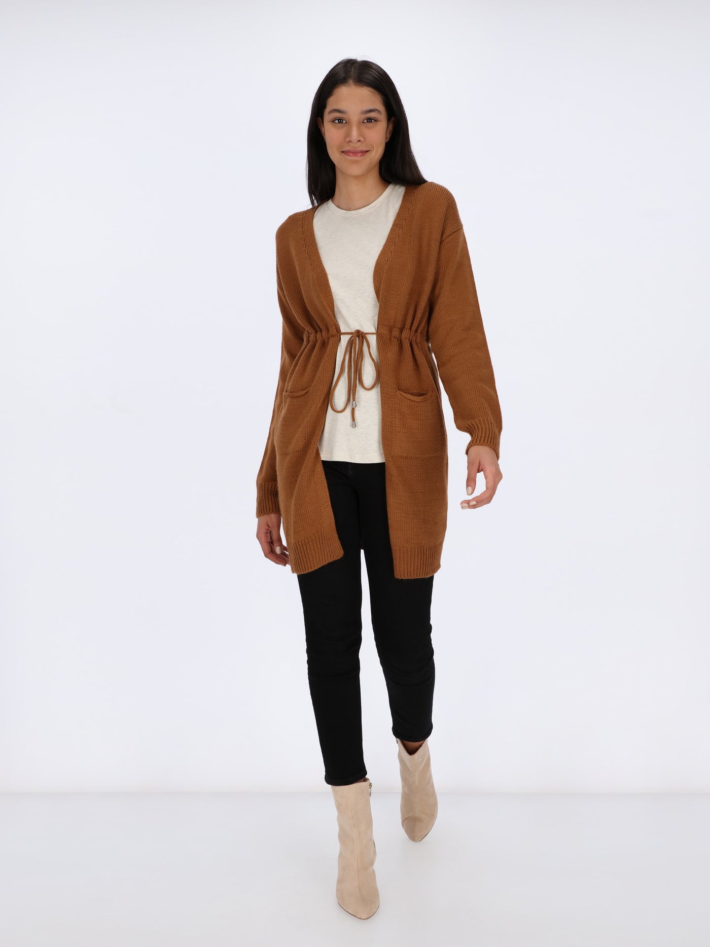 Knit Long Cardigan with Waist Drawstring