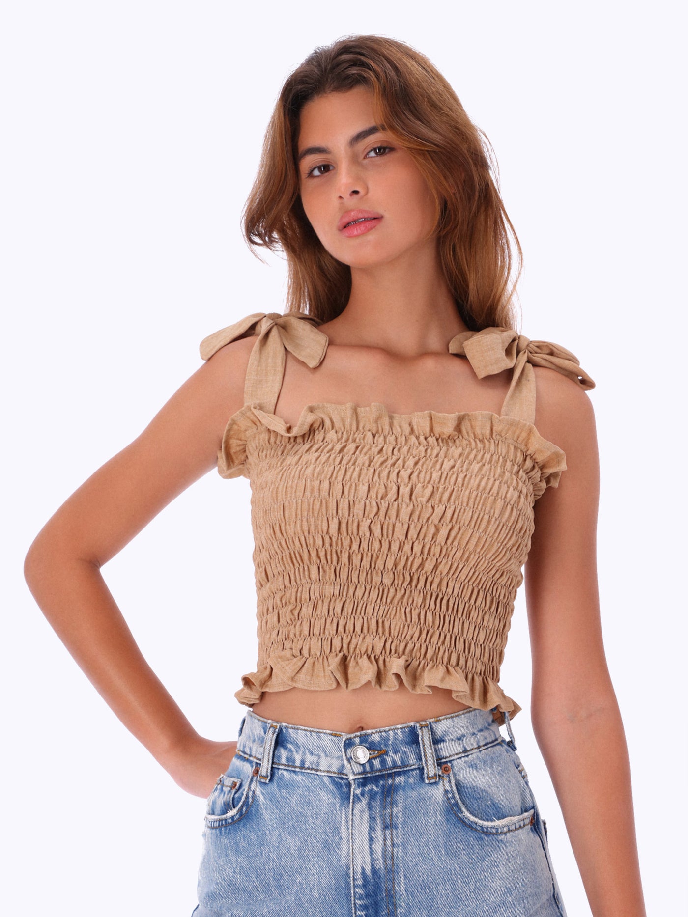 Leocansa Womens Bandage Smocked Cropped Top