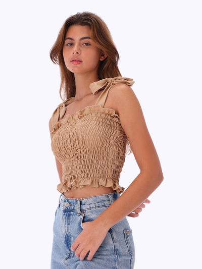 Leocansa Womens Bandage Smocked Cropped Top