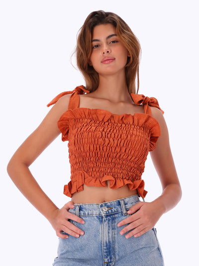 Leocansa Womens Bandage Smocked Cropped Top