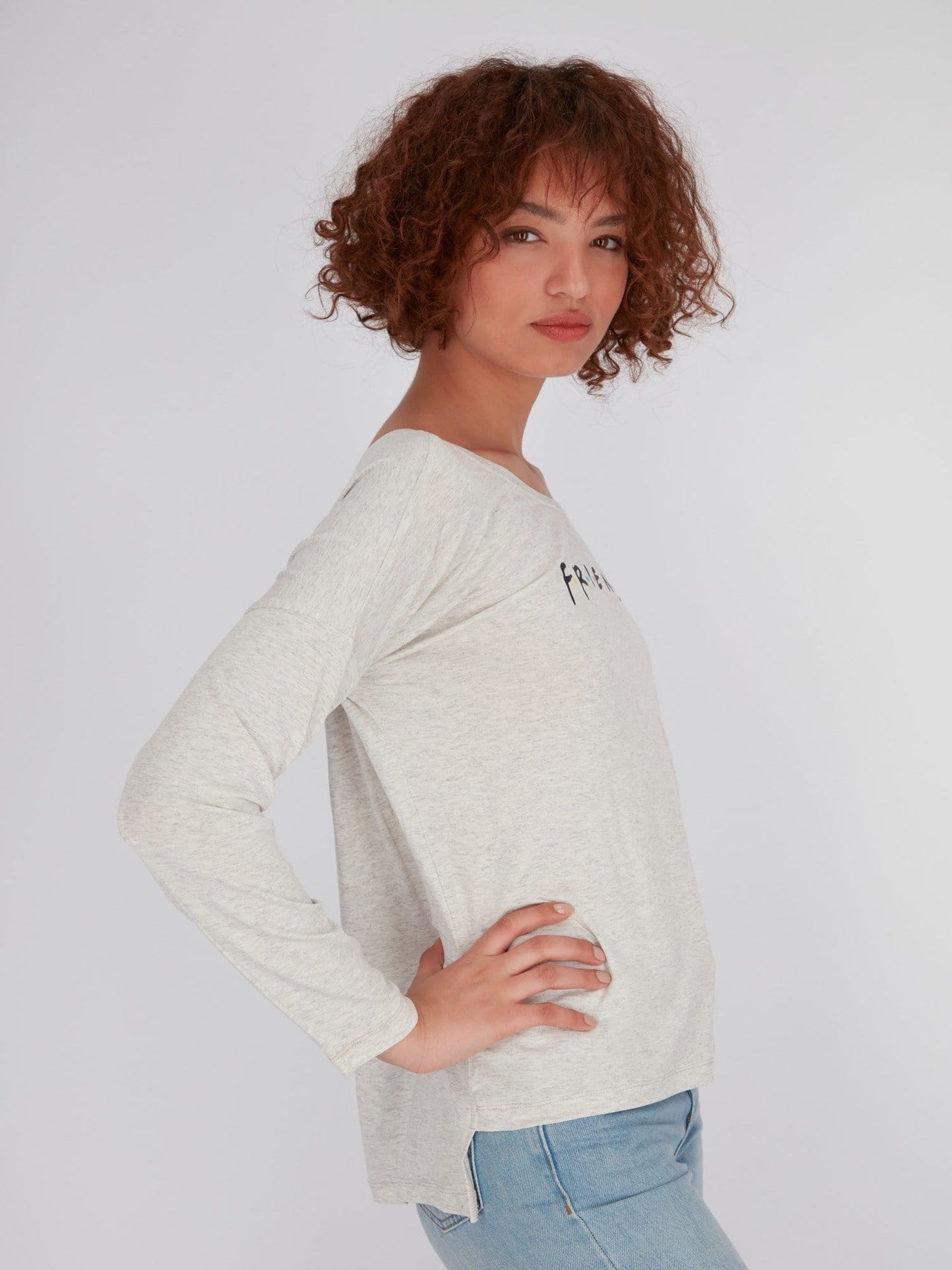 OR Tops & Blouses Front Text Print Basic Long Sleeve Asymmetric Hem Top