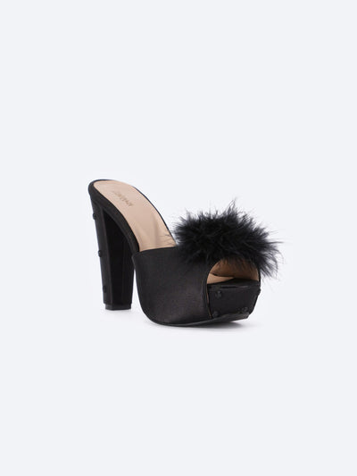 Home Mules - Embellished High Heel - Fur Detail