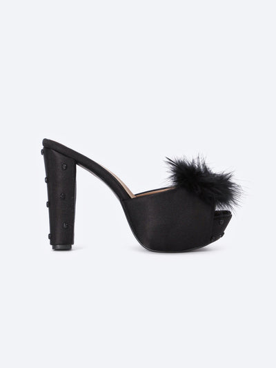 Home Mules - Embellished High Heel - Fur Detail