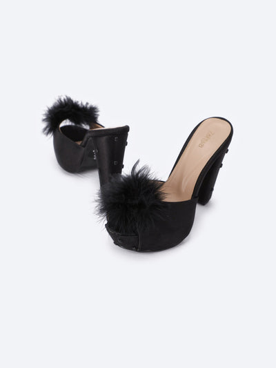 Home Mules - Embellished High Heel - Fur Detail