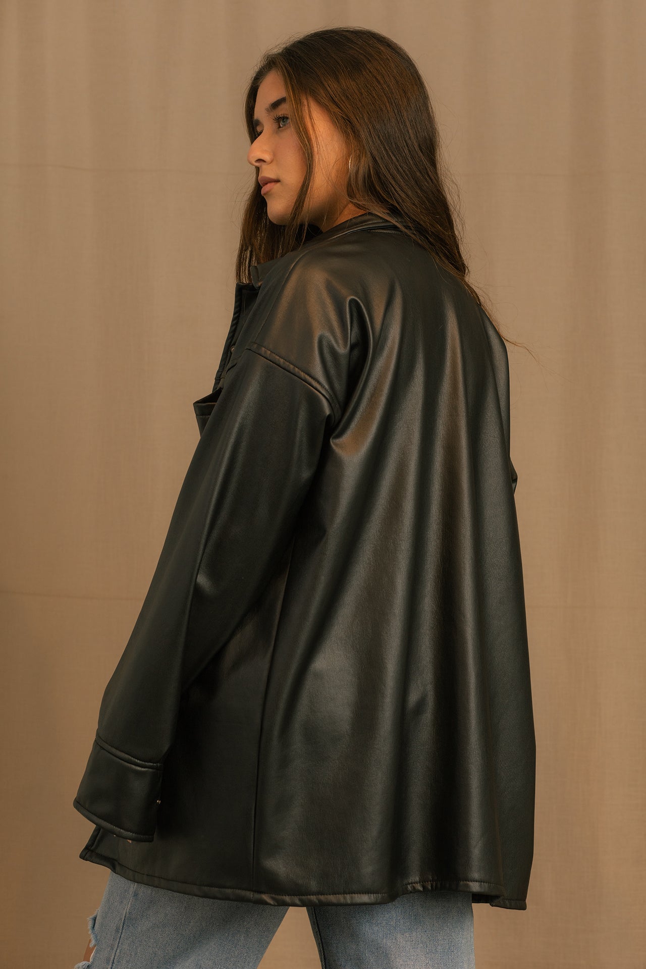 Faux Leather Shirt - Oversized - Black