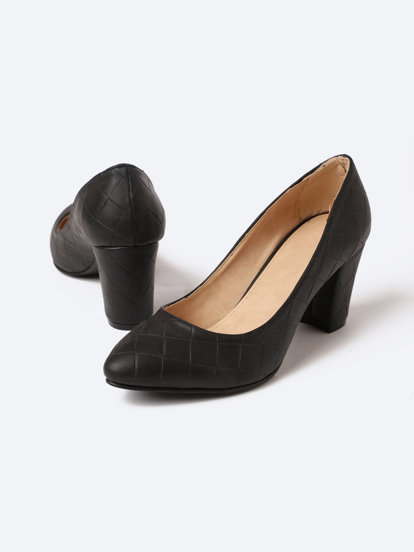 Pumps - Block Heel - Textured - 9 Cm